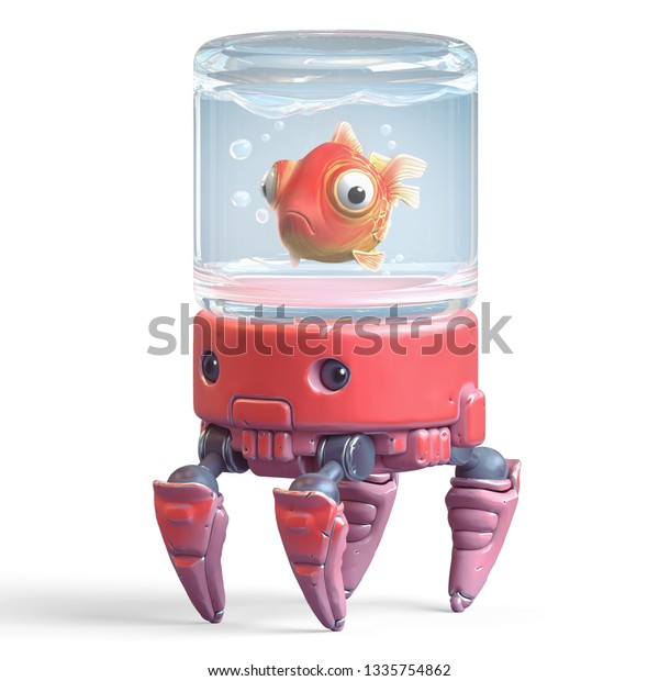 頭に水族館を持つ赤いカニロボットの3d漫画のキャラクター ガsラスの瓶の中で金魚が泳ぐ 大きな爪とかわいい目を持つ様式化したカニのイラスト 白い背景に3dレンダリング のイラスト素材
