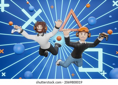 3D Cartoon Character Two Guys Jumping Into The World Of Video Games. Isolate Blue Background, Video Game, Gamepad, Holding A Controller Or Joystick, Virtual World, Metaverse - 3D Render