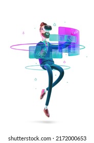 3d cartoon character using VR device on white background