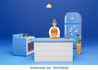 3D cartoon character woman cooking in the kitchen - 3D render - Powered by Shutterstock