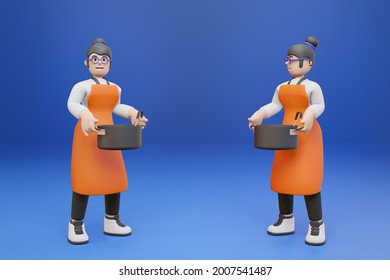 3D cartoon character Woman lifting a pot to make a big pot of curry - 3D render - Powered by Shutterstock