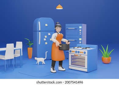 3D cartoon character Woman lifting a pot to make a big pot of curry in the kitchen - 3D render - Powered by Shutterstock