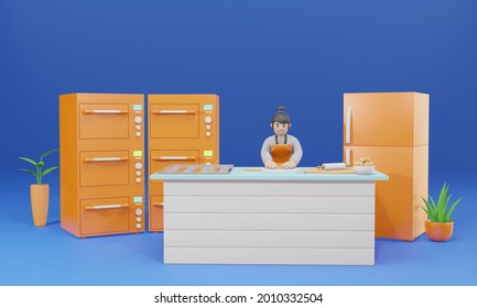 3D cartoon character woman making cookies in kitchen - 3D render - Powered by Shutterstock