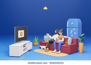 3D cartoon character A young man and woman sitting watching a movie want to have fun at home - 3D render - Powered by Shutterstock