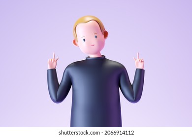 Joven personaje de caricatura 3d con la cabeza rubia colgando el dedo apuntando hacia arriba y usando la camisa negra parada en fondo morado con la pista de recorte 3d ilustración de representación.