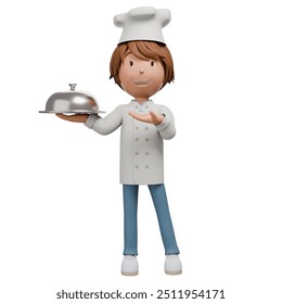 A 3D cartoon chef character presents a covered tray with food, wearing the classic white uniform and hat. The chef’s posture and smile reflect pride and professionalism in their culinary skills.	 - Powered by Shutterstock