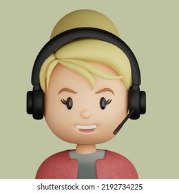 3D Cartoon Close Up Portrait Of Blonde Woman With Headphones And Microphone On A Green Background. 3D Avatar 