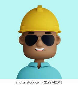 3D Cartoon Close Up Portrait Of Engineer  Black Man With Safety Helmet And Sunglasses On A Blue Background. 3D Avatar 