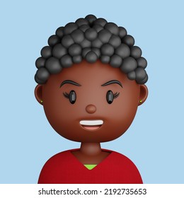 3D Cartoon Close Up Portrait Of Smiling Black Woman On A Blue Background. 3D Avatar