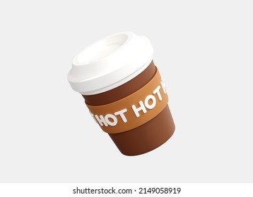 3D Cartoon Coffee Paper Cup With Caution Hot. Coffee To Go Disposable. Plastic Cup With Hot Chocolate. Illustration For Menu. Creative Realistic Design Icon Isolated On White Background. 3D Rendering