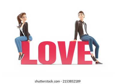 3d Cartoon Couple Sitting On Word Love, Illustration Isolated On White Background