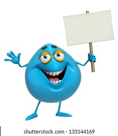 3d Cartoon Cute Blue Monster Holding Placard