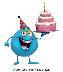 3d Cartoon Cute Blue Monster With Cake