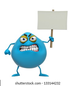 3d Cartoon Cute Blue Monster Holding Placard