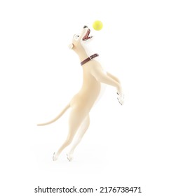 3d Cartoon Dog Jumping To Catch A Ball, Illustration Isolated On White Background