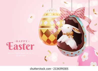 3d cartoon Easter holiday template with cute rabbit hiding in a hanging chocolate egg. Concept of Easter egg hunt. - Powered by Shutterstock