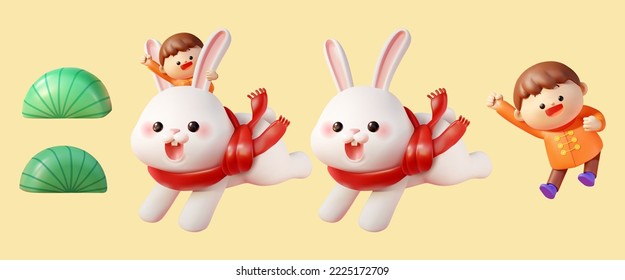 3D cartoon elements of a boy grasping one hand on the ear of the jumping rabbit wearing a red scarf, and two rounded corner bushes with different angles