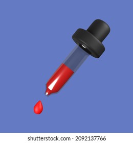 3d Cartoon Eye Dropper Isolated On A Purple Background, Dripping Red Liquid. 3d Rendering Illustration