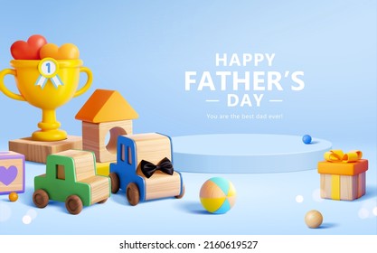 3d cartoon Father's Day graphic background. Composition of yellow trophy, wooden blocks and car toys. Best daddy concept. - Powered by Shutterstock