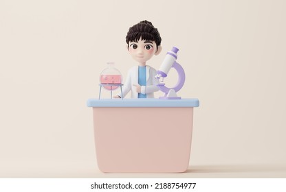 3D Cartoon Female Analyst With Chemical Vessel, 3d Rendering. Computer Digital Drawing.