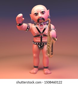 3d Cartoon Gay Leather Fetish Man Playing A Saxophone, 3d Illustration Render