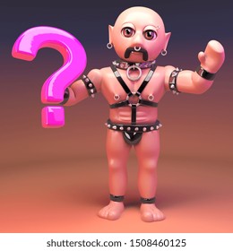 3d Cartoon Gay Leather Fetish Man Holding A Pink Question Mark Symbol, 3d Illustration Render