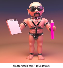 3d Cartoon Gay Leather Fetish Man Holding A Notepad And Pink Pencil LGBT, 3d Illustration Render