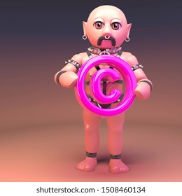 3d Cartoon Gay Leather Fetish Man Holding A Pink Copyright Symbol, 3d Illustration Render