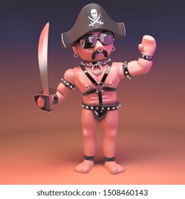 3d Cartoon Gay Leather Fetish Man Dressed As A Pirate With Cutlass, 3d Illustration Render