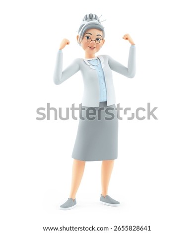3d cartoon granny flexing arm muscles, isolated on white background