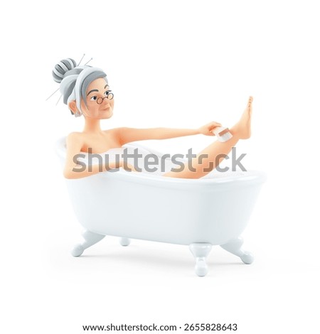 3d cartoon granny taking a bath, isolated on white background