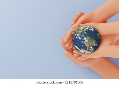 3D Cartoon Group of Hands holding earth globe, International human solidarity day concept, world health day, safe world concept, 3D rendering illustration, Elements of this image furnished by NASA - Powered by Shutterstock