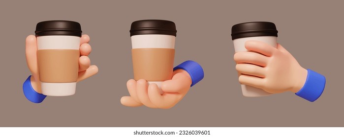 3D cartoon hand with coffee cup icon set. Hands holding take out paper cups in different ways. Suitable for social media or app use - Powered by Shutterstock