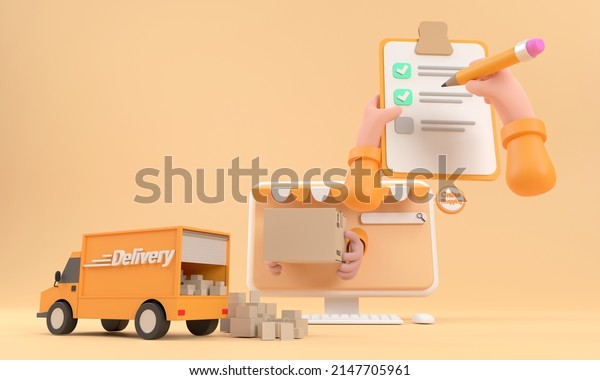 3D. Cartoon hand of a courier\'s make checked\
and hand writing on\
clipboard\
