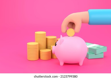 3D. Cartoon Hand Drop Piggy Bank Saving Money. Business Finance Planner.
