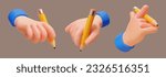 3D cartoon hand gesture icon set of hands with pencils in different angles. Suitable for social media or app use.