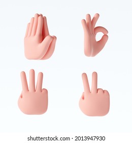 3D Cartoon Hand Gestures Icons Set On Isolated White Background. 3d Render Illustration