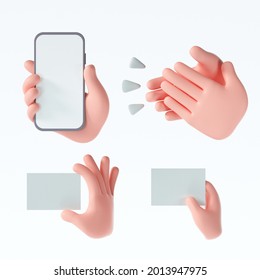 3D Cartoon Hand Gestures Icons Set On Isolated White Background. 3d Render Illustration