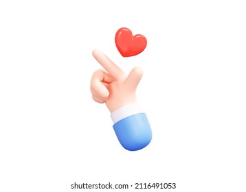 3D Cartoon Hand holding heart. Heart finger gesture. Like icon in social media. Give or send love. Isolated icon on white background. 3D Rendering