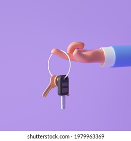 3d cartoon hand holding keys on purple background. 3d render illustration