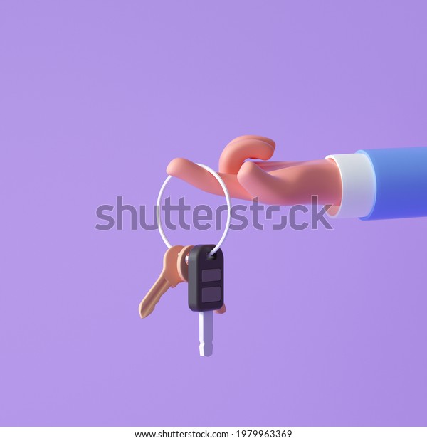 3d cartoon hand holding keys on purple\
background. 3d render\
illustration