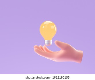 3D Cartoon hand holding lightbulb on purple background. thinking, good idea and business success creative concept. 3d render illustration