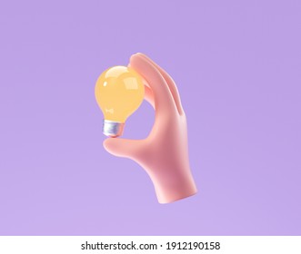 3D Cartoon hand holding lightbulb on purple background. thinking, good idea and business success creative concept. 3d render illustration