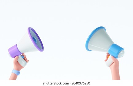 3D Cartoon hand holding megaphone on isolated white background with copy space. 3d render illustration
