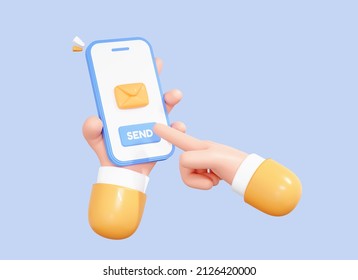 3D Cartoon Hand Holding Mobile Phone With Letter In Envelope And Button Send Message. Email Newsletter Concept. Press Or Tap Finger On Screen Smartphone. Isolated Icon On Blue Background. 3D Rendering