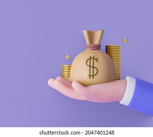 3d Cartoon Hand Holding Money Bag  With Gold Coins Icon On Purple Background. 3d Rendering Illustration