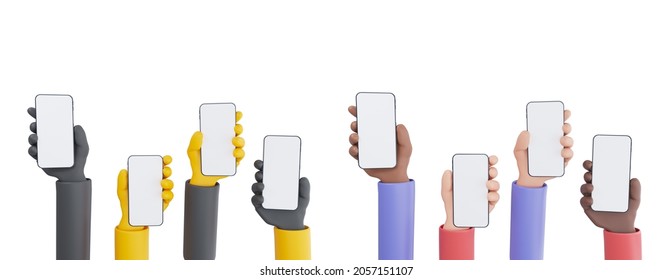 3D Cartoon hand holding smartphone isolated set ikons on white background, Hand using mobile phone mockup. 3d render illustration 