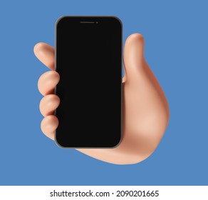 3D Cartoon Hand Holding Smartphone Isolated On Blue Background. Mockup IPhone Screen. 3d Render Illustration