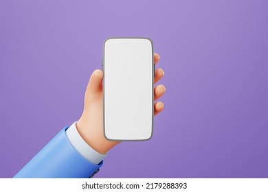 3D Cartoon Hand Holding Smartphone Isolated On Purple Background, Hand Using Mobile Phone Mockup. 3d Illustration