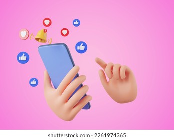 3D cartoon hand holding smartphone Social network icon online communication application with smartphone concept, social media platform or valentine day, 3D render - Powered by Shutterstock